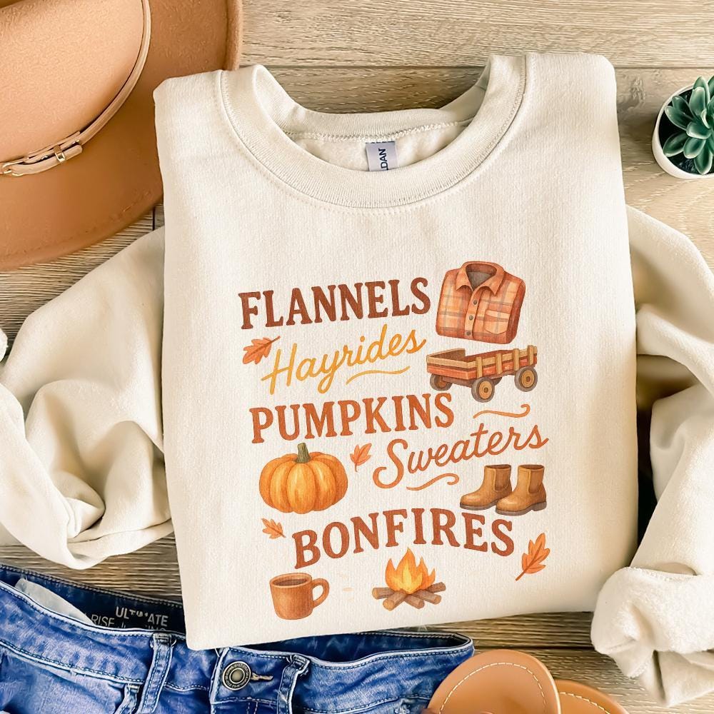 Flannels Hayrides Pumpkins Sweaters Bonfires PNG Fall Shirt, Cozy Autumn