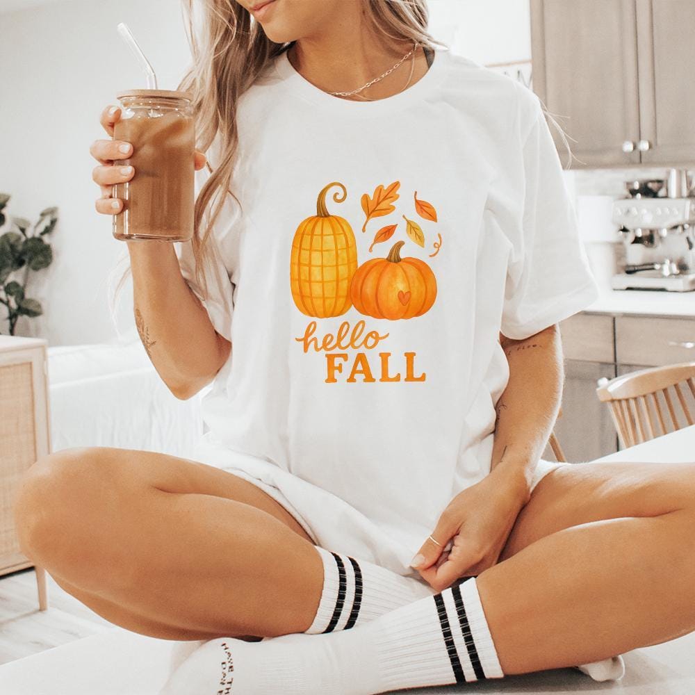 Hello Fall Pumpkins PNG, Autumn Leaves Fall Sublimation - 300 DPI Design