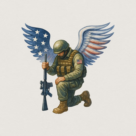 American Soldier Angel Man Praying PNG, USA Flag - 300 DPI Design for