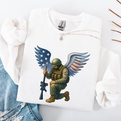 American Soldier Angel Man Praying PNG, USA Flag - 300 DPI Design for