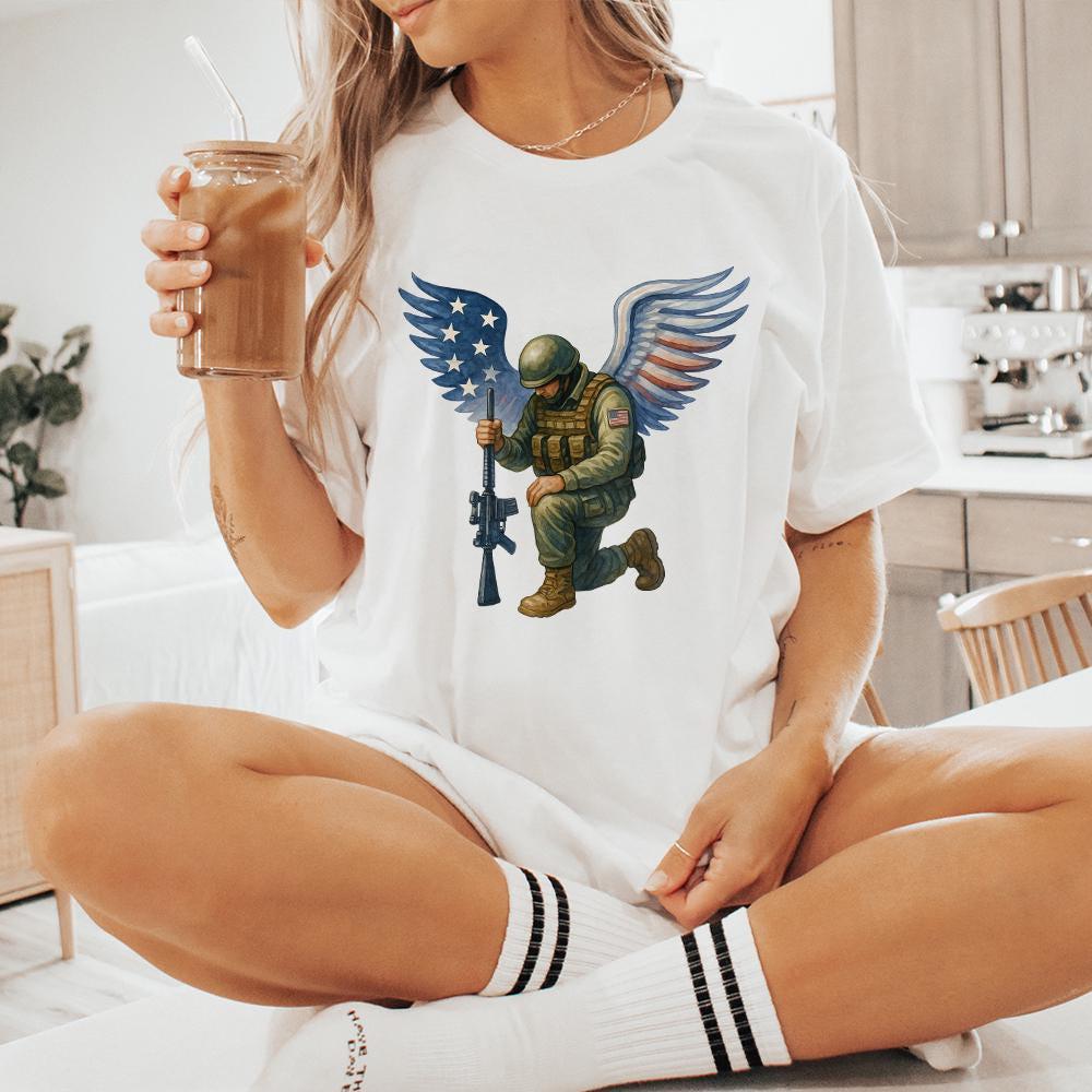 American Soldier Angel Man Praying PNG, USA Flag - 300 DPI Design for