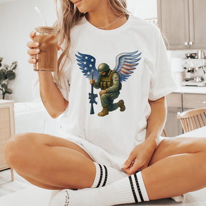 American Soldier Angel Man Praying PNG, USA Flag - 300 DPI Design for