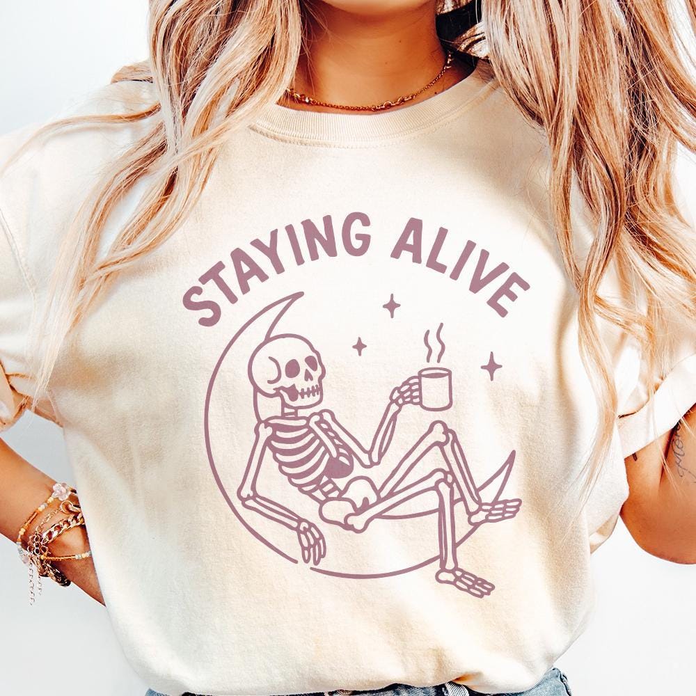 Staying Alive png, Halloween Coffee Skeleton Digital Download - 300 DPI
