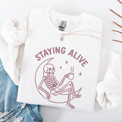Staying Alive png, Halloween Coffee Skeleton Digital Download - 300 DPI