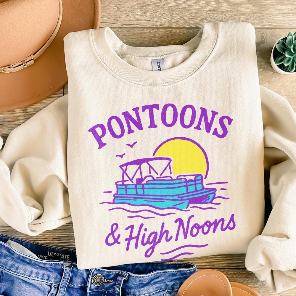 Pontoons & High Noons Retro Vintage Neon Summer Boat Beer Seltzer PNG,