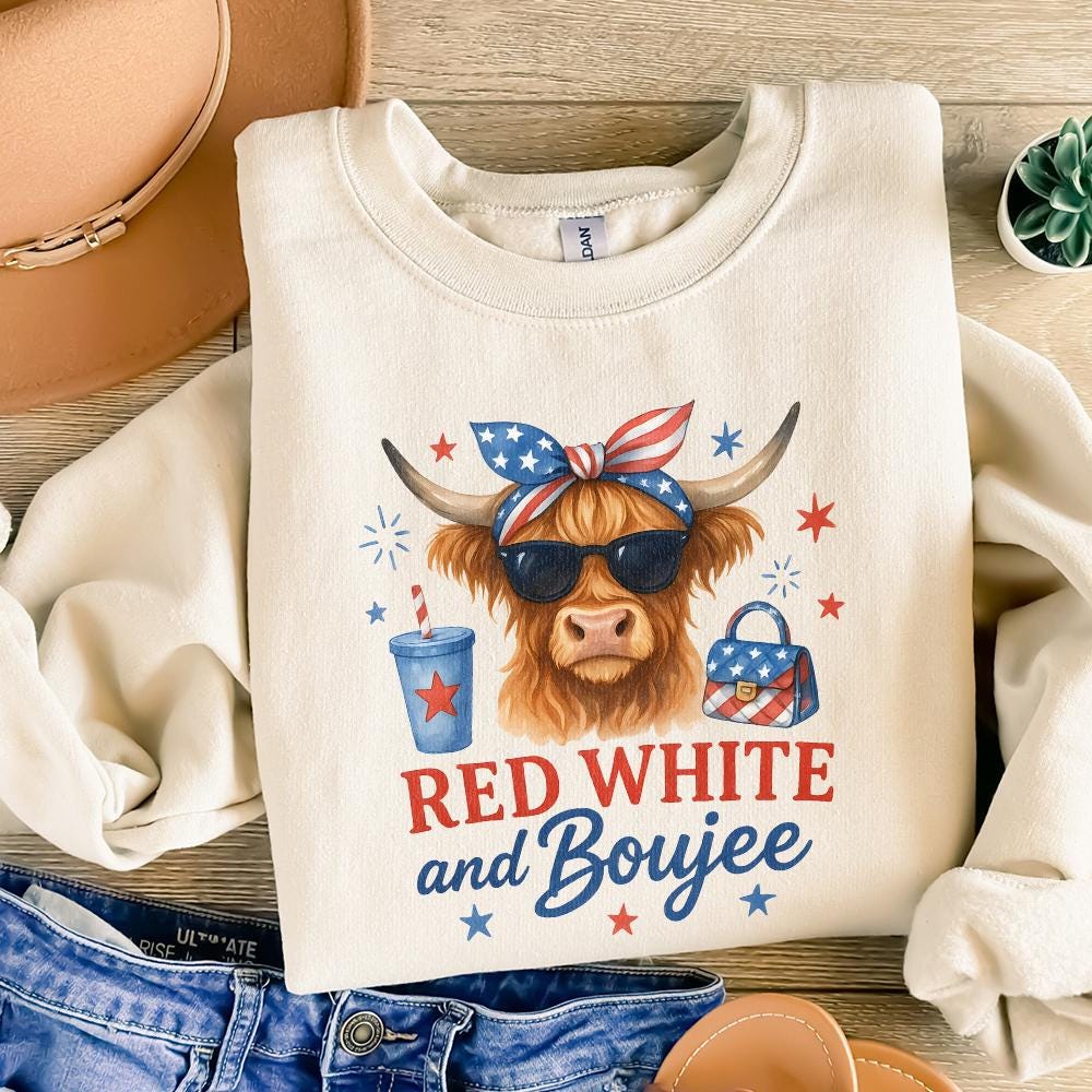 Fourth of July Highland Cow PNG, Patriotic America Sublimation Design -