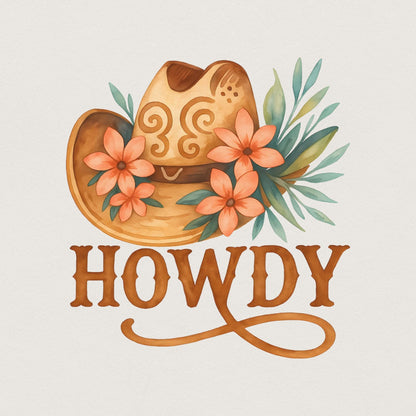 Western Howdy PNG Sublimation Design, Cowboy Hat Flowers - 300 DPI Design