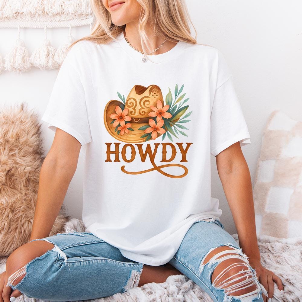 Western Howdy PNG Sublimation Design, Cowboy Hat Flowers - 300 DPI Design