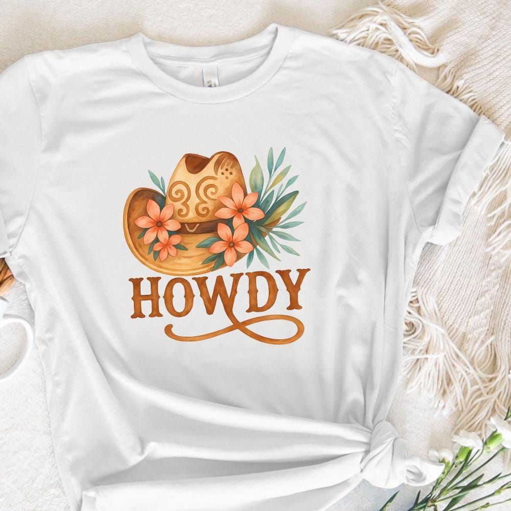 Western Howdy PNG Sublimation Design, Cowboy Hat Flowers - 300 DPI Design