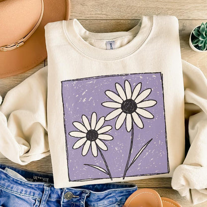 Purple Background Daisies PNG, Hand Drawn Daisy Flower Sublimation - 300