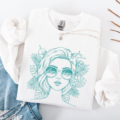 Trendy Woman PNG, Cool Girl with Sunglasses and Tropical Leaves Clipart -