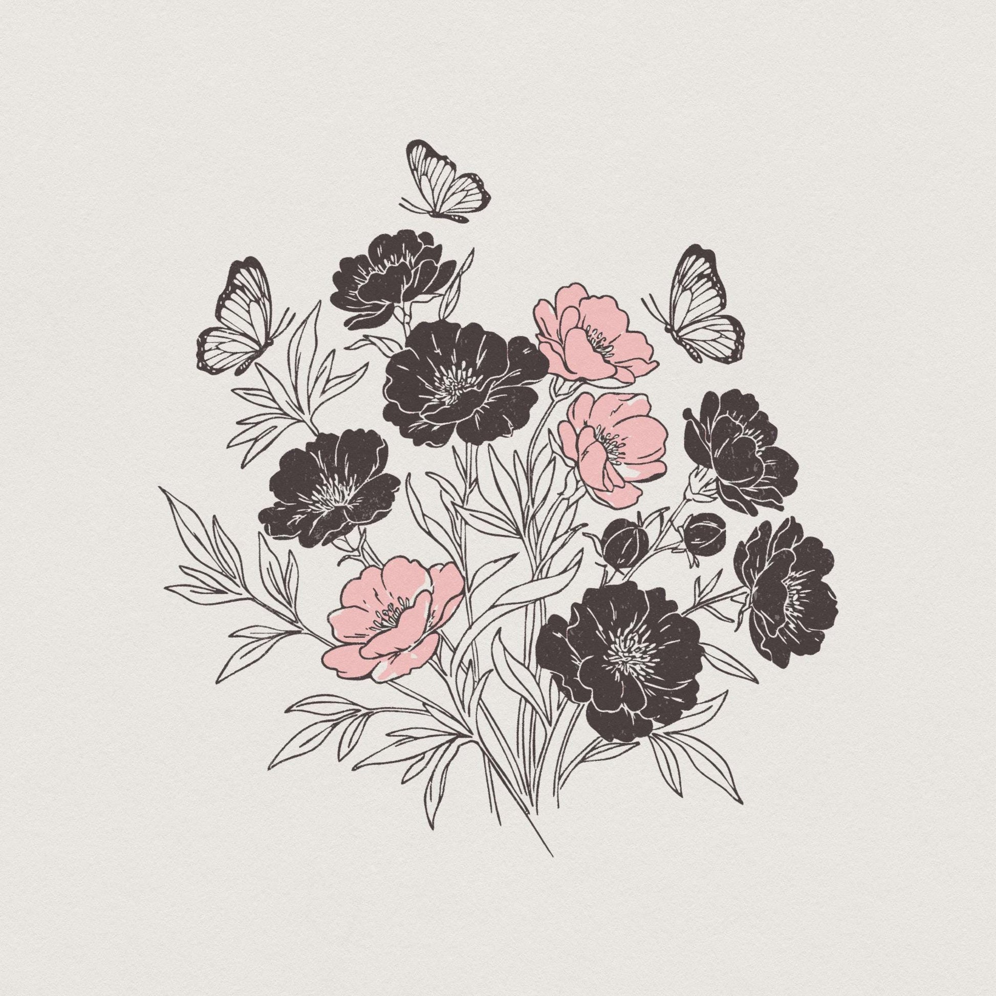 Floral Bouquet PNG, Pink and Black Wildflowers with Butterflies Clipart -