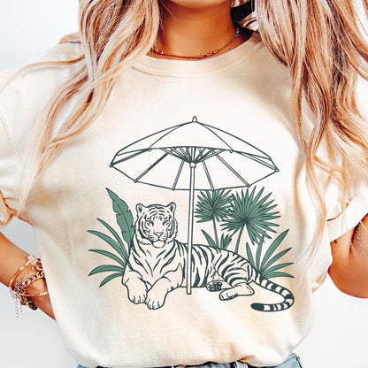 Chill Tiger PNG, Jungle Cat Under Umbrella Sublimation - 300 DPI Design