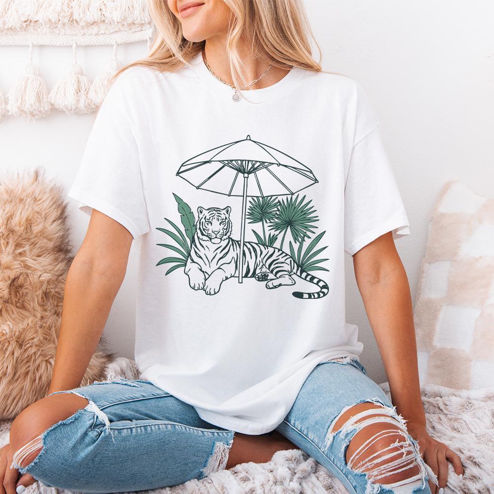 Chill Tiger PNG, Jungle Cat Under Umbrella Sublimation - 300 DPI Design
