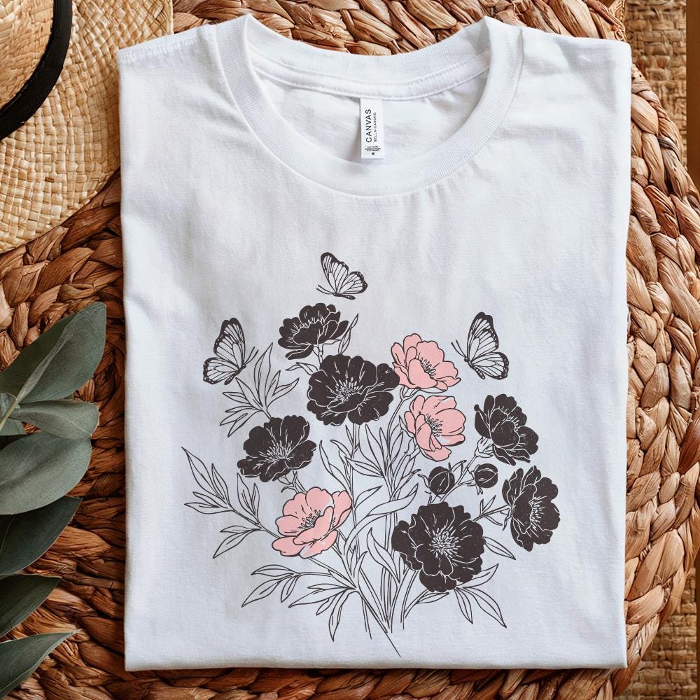 Floral Bouquet PNG, Pink and Black Wildflowers with Butterflies Clipart -