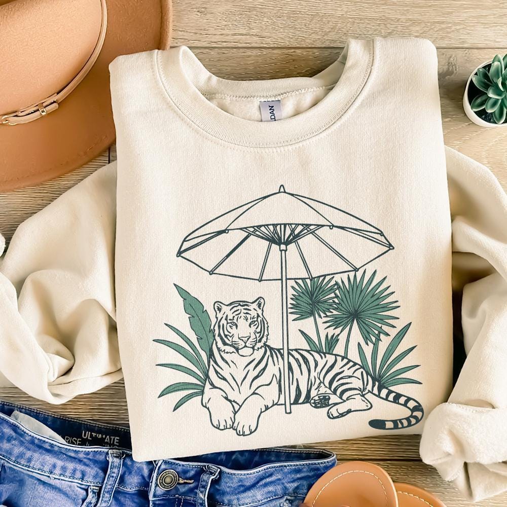 Chill Tiger PNG, Jungle Cat Under Umbrella Sublimation - 300 DPI Design