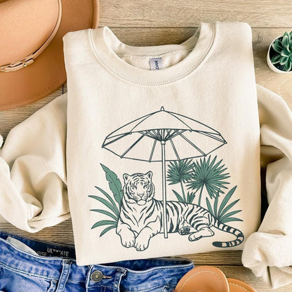 Chill Tiger PNG, Jungle Cat Under Umbrella Sublimation - 300 DPI Design