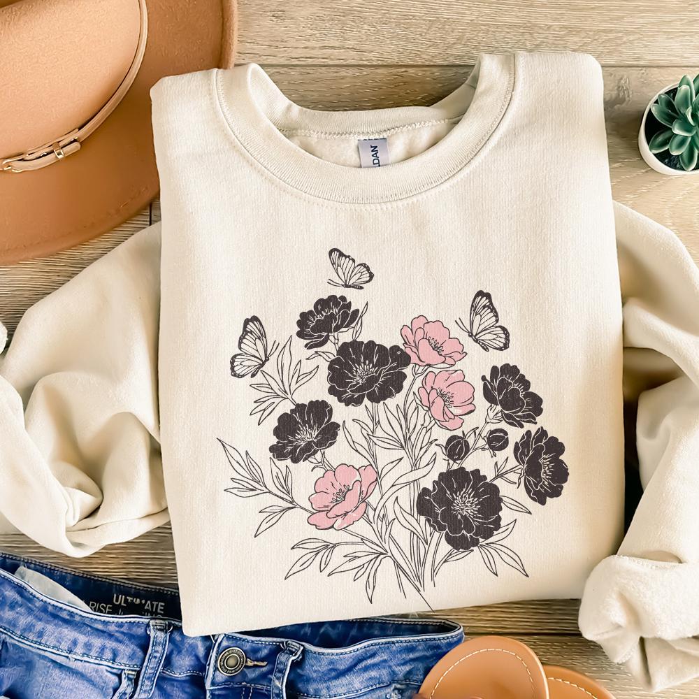 Floral Bouquet PNG, Pink and Black Wildflowers with Butterflies Clipart -