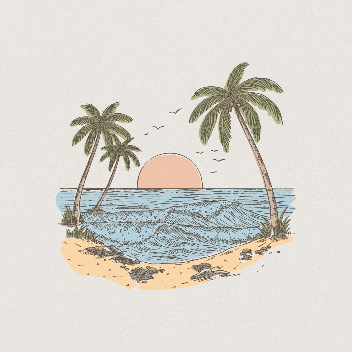 Tropical Beach Sunset PNG, Palm Tree Ocean View Illustration - 300 DPI