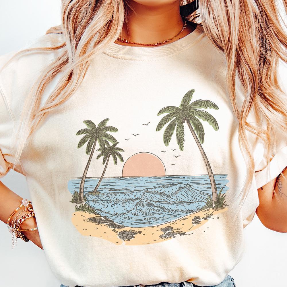 Tropical Beach Sunset PNG, Palm Tree Ocean View Illustration - 300 DPI