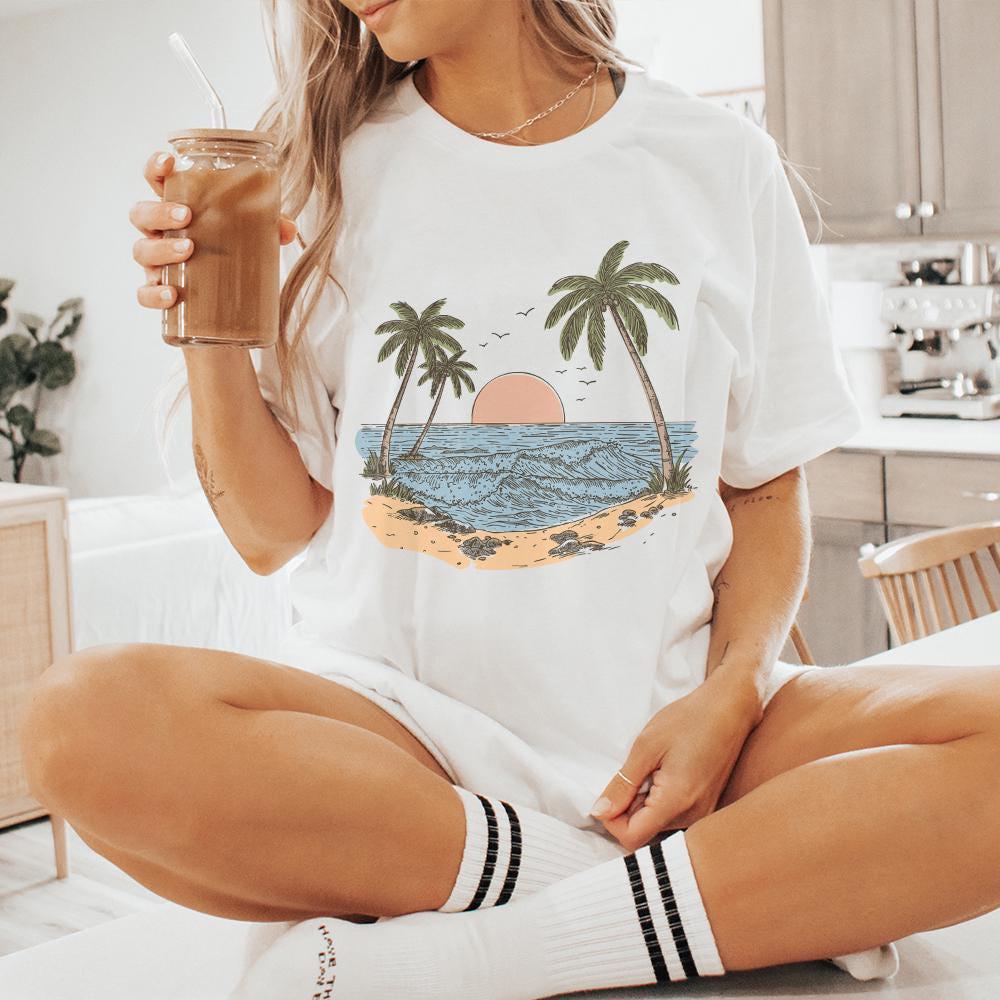 Tropical Beach Sunset PNG, Palm Tree Ocean View Illustration - 300 DPI