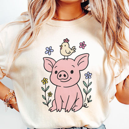 Adorable Pig and Chick PNG, Funny Vintage Farm Clipart - 300 DPI Design