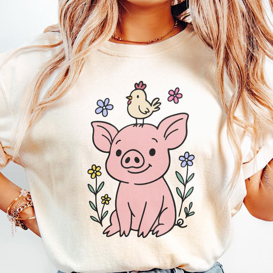 Adorable Pig and Chick PNG, Funny Vintage Farm Clipart - 300 DPI Design