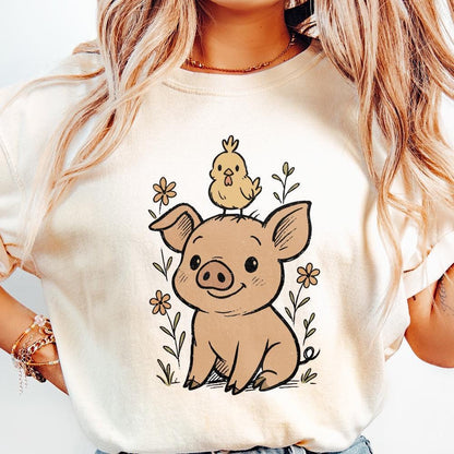 Cute Pig with Chick on Head PNG, Funny Farm Animal Sublimation - 300 DPI