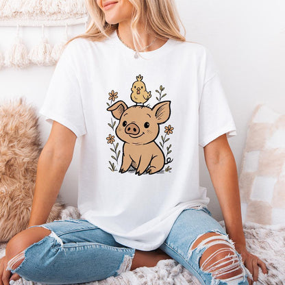 Cute Pig with Chick on Head PNG, Funny Farm Animal Sublimation - 300 DPI