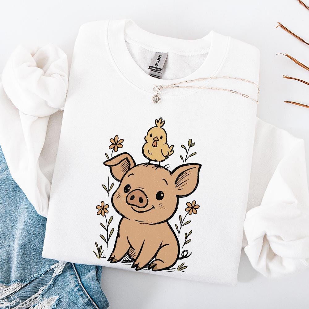 Cute Pig with Chick on Head PNG, Funny Farm Animal Sublimation - 300 DPI