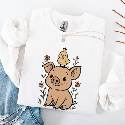 Cute Pig with Chick on Head PNG, Funny Farm Animal Sublimation - 300 DPI