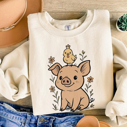 Cute Pig with Chick on Head PNG, Funny Farm Animal Sublimation - 300 DPI