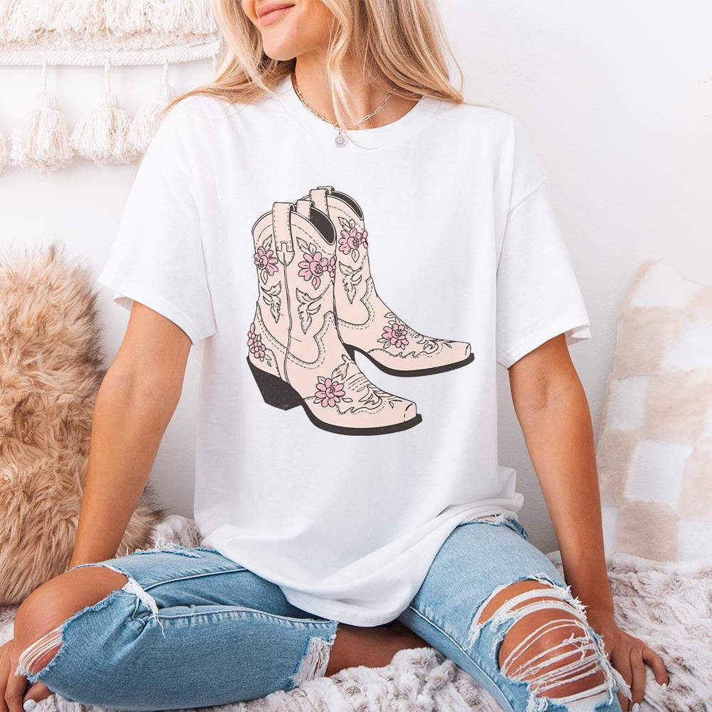 Pink Cowgirl Boots PNG, Floral Western Boots Sublimation Design - 300 DPI