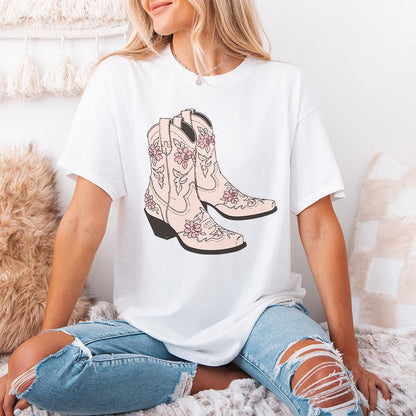 Pink Cowgirl Boots PNG, Floral Western Boots Sublimation Design - 300 DPI