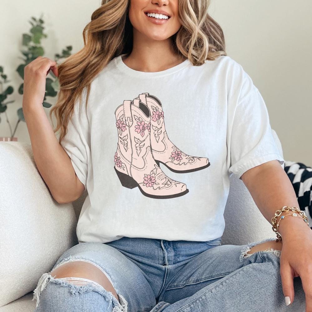 Pink Cowgirl Boots PNG, Floral Western Boots Sublimation Design - 300 DPI