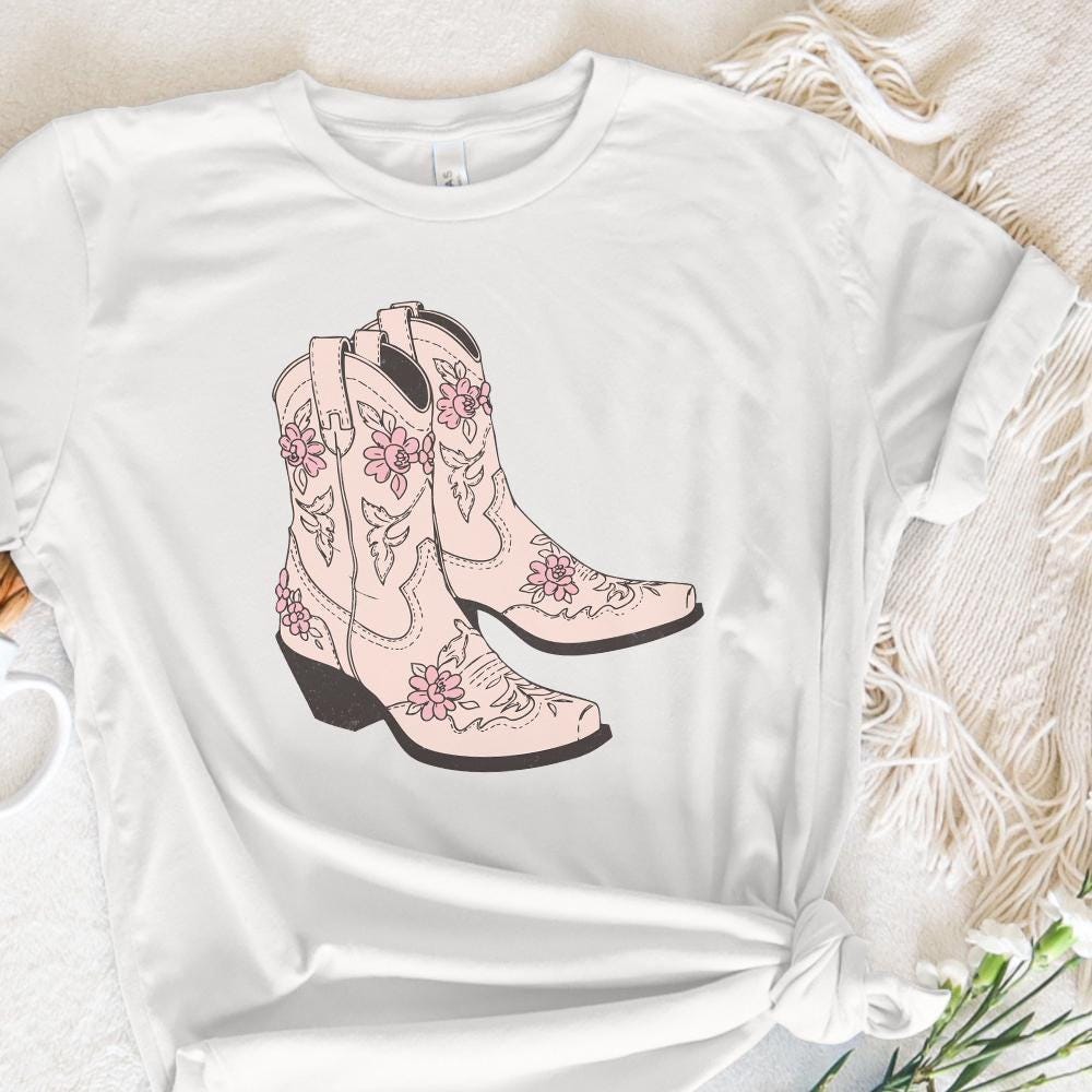 Pink Cowgirl Boots PNG, Floral Western Boots Sublimation Design - 300 DPI