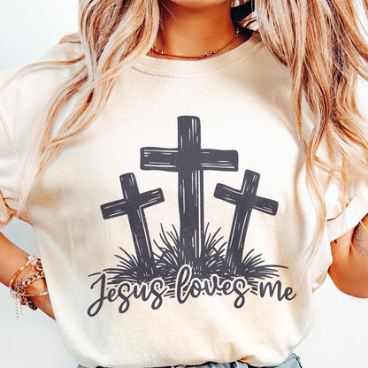 Jesus Loves Me PNG, Three Crosses Christian Sublimation Design - 300 DPI