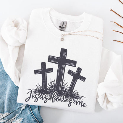 Jesus Loves Me PNG, Three Crosses Christian Sublimation Design - 300 DPI