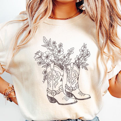 Cowgirl Boots PNG, Floral Cowboy Boots Clipart - 300 DPI Design for T-Shirt