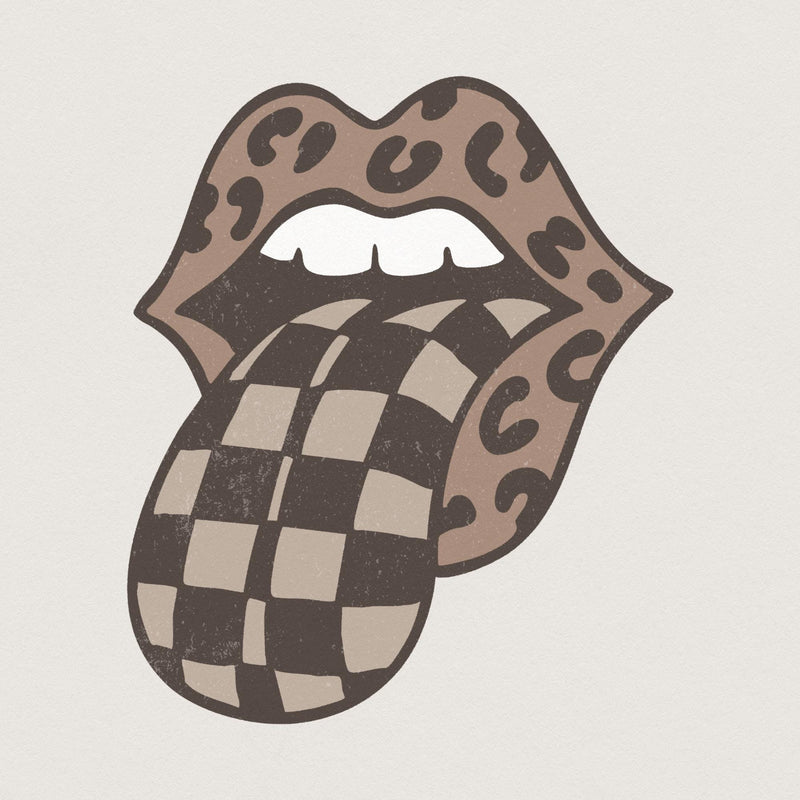 Trendy lips design featuring a leopard print mouth and a checkered tongue in muted earth tones for sublimation and apparel printing.