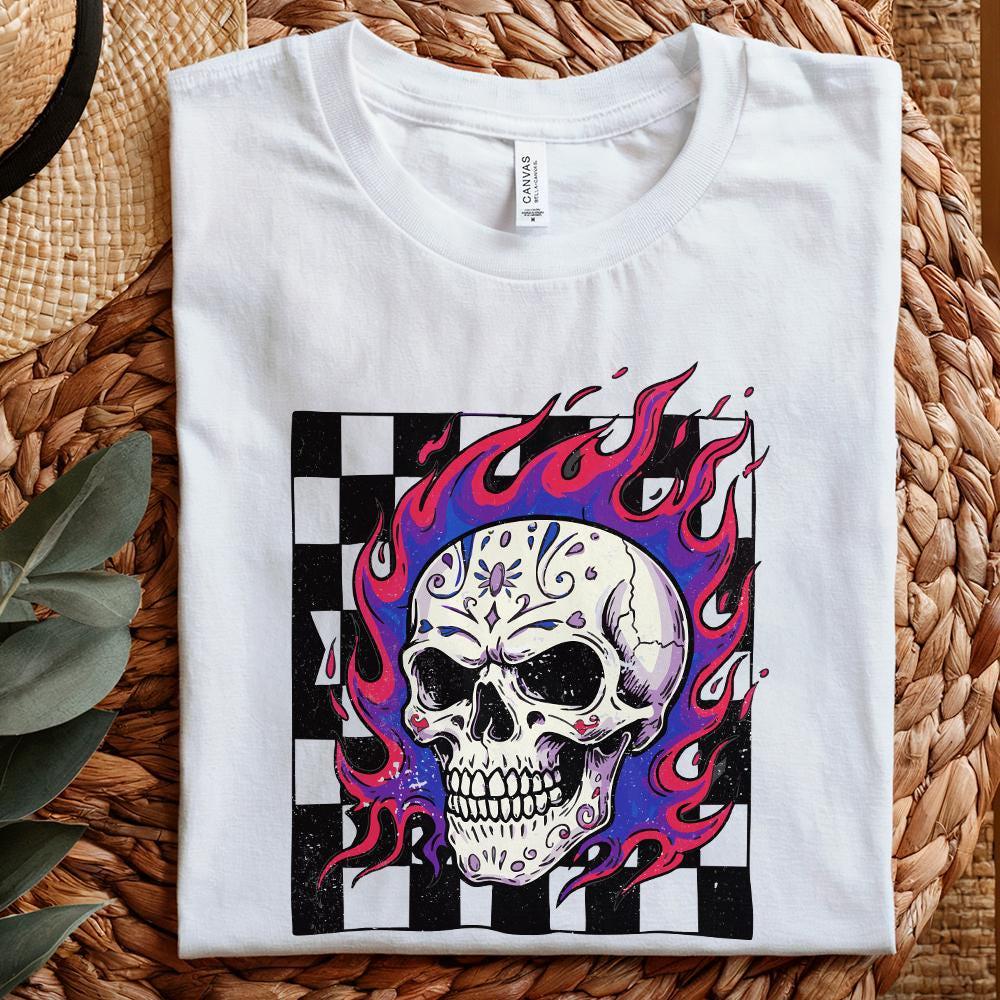 Colorful Flaming Skull PNG, Neon Skull Clipart with Checkerboard - 300