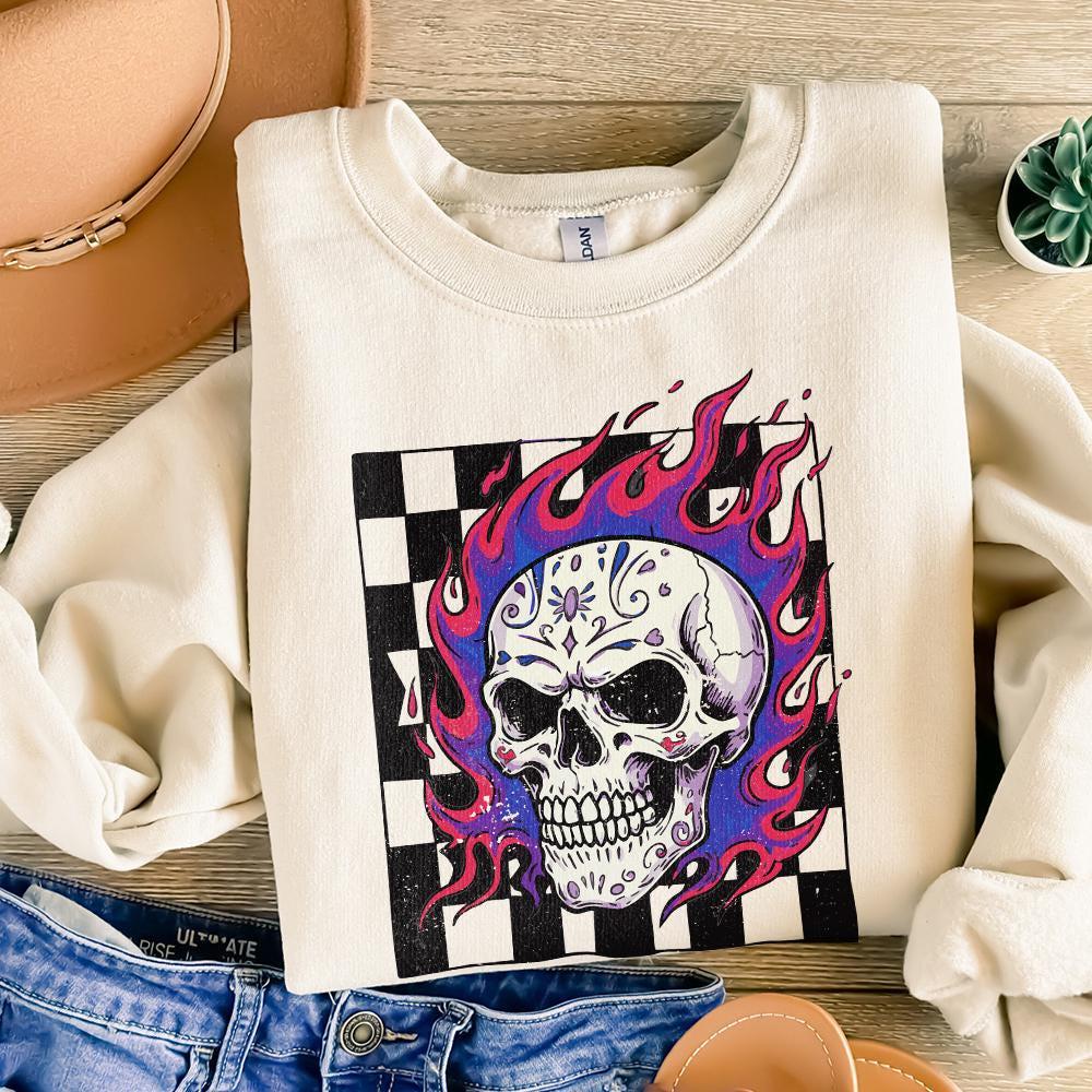 Colorful Flaming Skull PNG, Neon Skull Clipart with Checkerboard - 300
