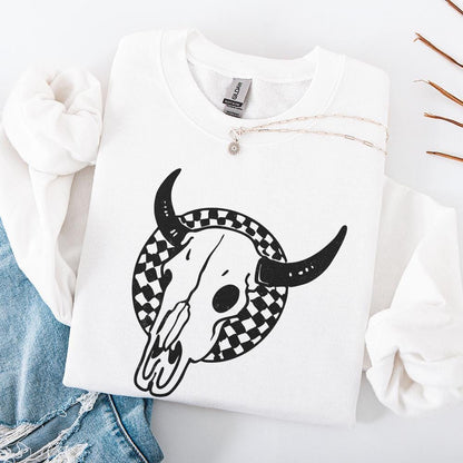 Retro Rodeo Western PNG, Checkered Print Bull - 300 DPI Design for T-Shirt