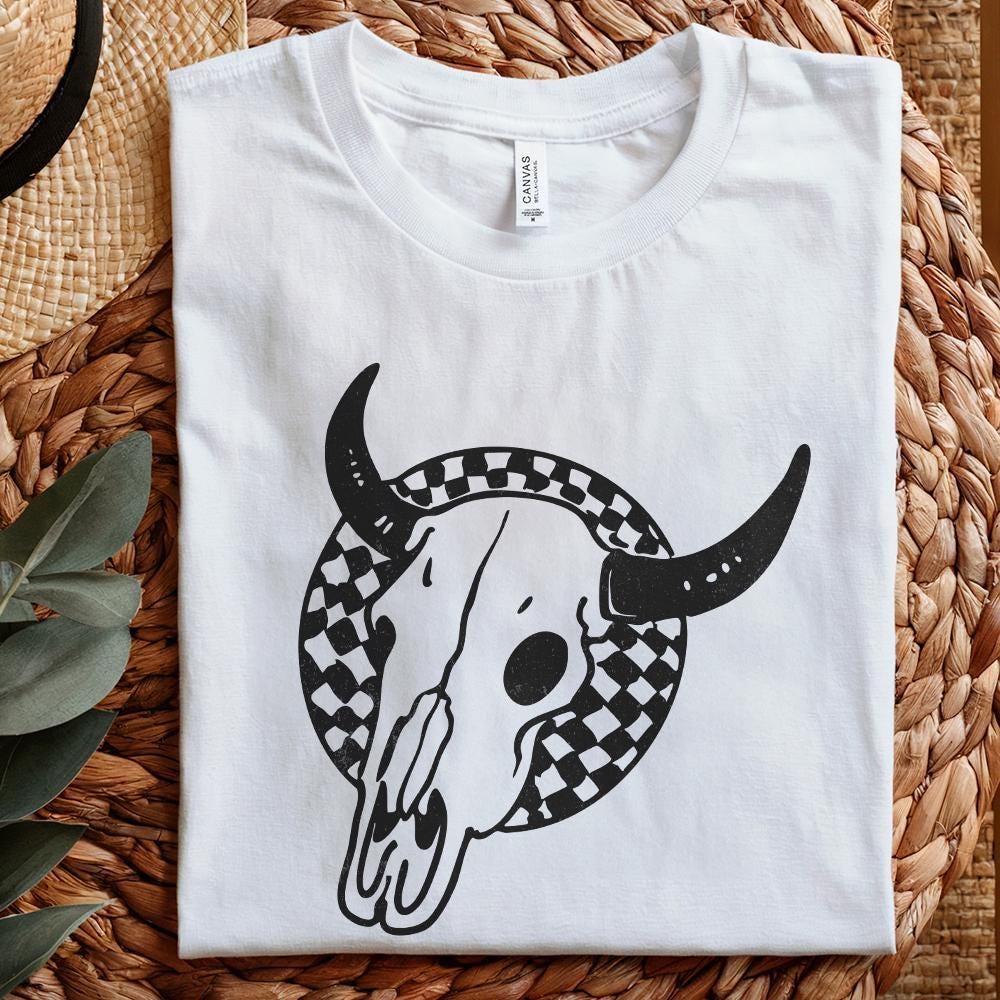 Retro Rodeo Western PNG, Checkered Print Bull - 300 DPI Design for T-Shirt