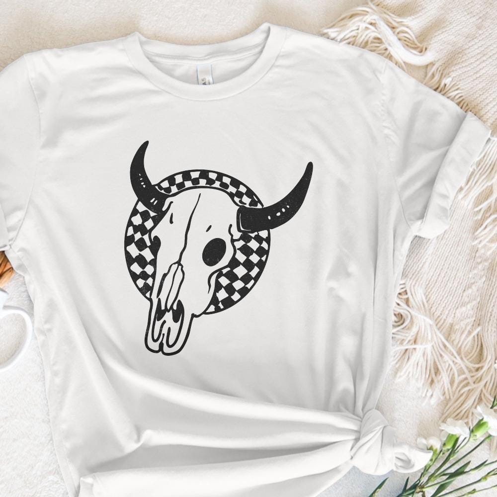 Retro Rodeo Western PNG, Checkered Print Bull - 300 DPI Design for T-Shirt