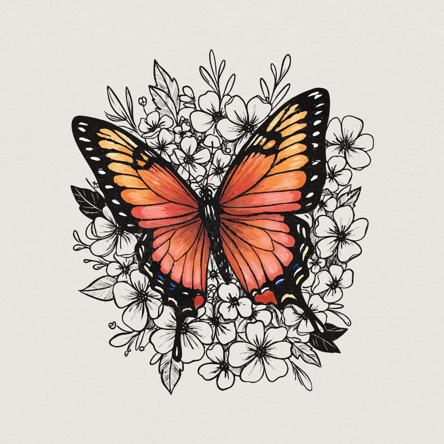 Retro Butterfly Flower Graphic PNG, Colorful Botanical Clipart - 300 DPI