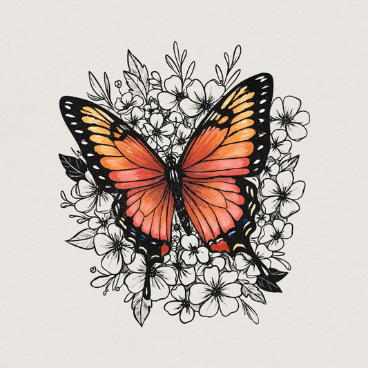 Retro Butterfly Flower Graphic PNG, Colorful Botanical Clipart - 300 DPI