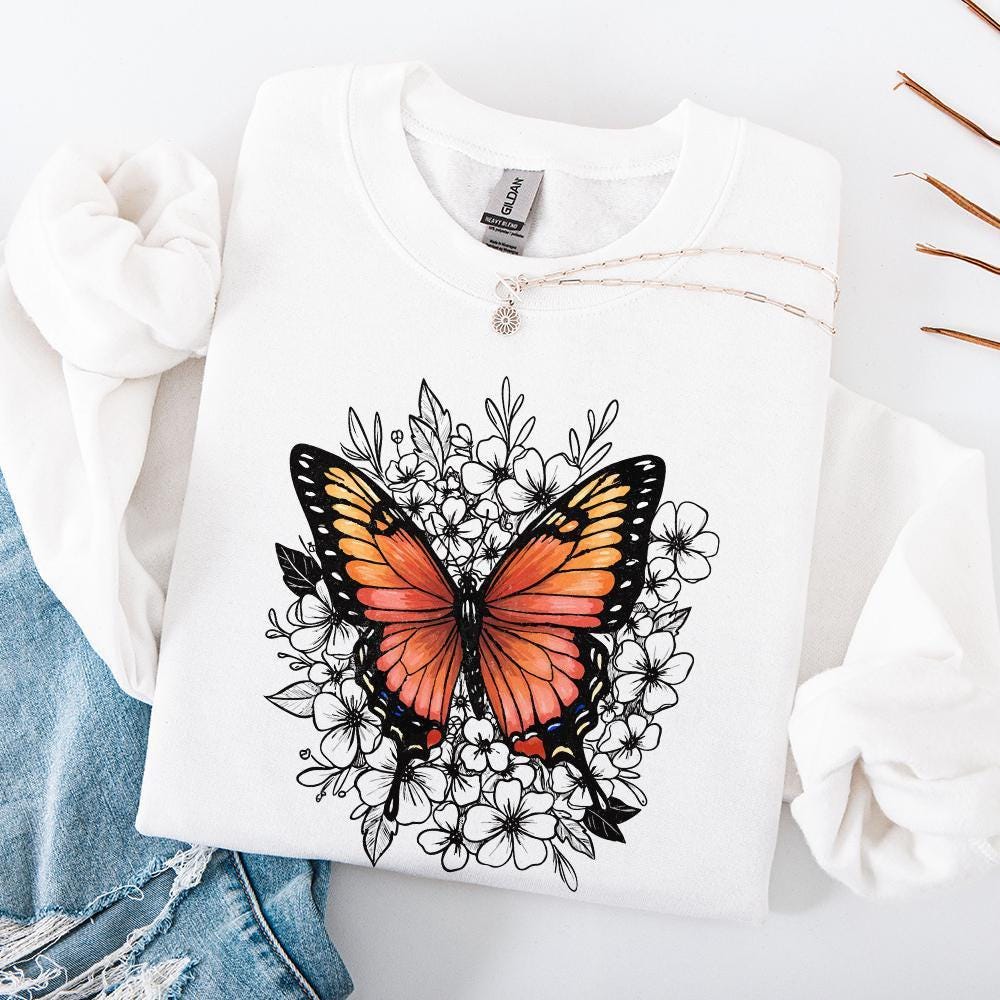 Retro Butterfly Flower Graphic PNG, Colorful Botanical Clipart - 300 DPI