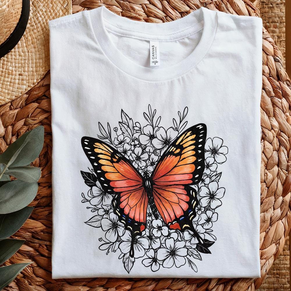 Retro Butterfly Flower Graphic PNG, Colorful Botanical Clipart - 300 DPI