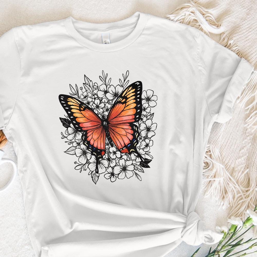 Retro Butterfly Flower Graphic PNG, Colorful Botanical Clipart - 300 DPI